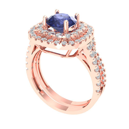 1.7825 cttw Round Cut Simulated Tanzanite Bridal Set - Solid Rose Gold Engagement Ring & Wedding Band