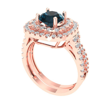 1.7825 cttw Round Cut Natural London Blue Topaz Bridal Set - Solid Rose Gold Engagement Ring & Wedding Band