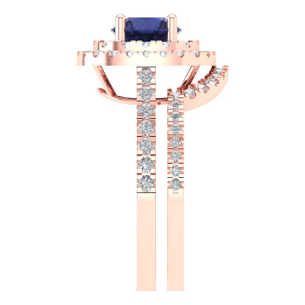 1.7825 cttw Round Cut Simulated Blue Sapphire Bridal Set - Solid Rose Gold Engagement Ring & Wedding Band