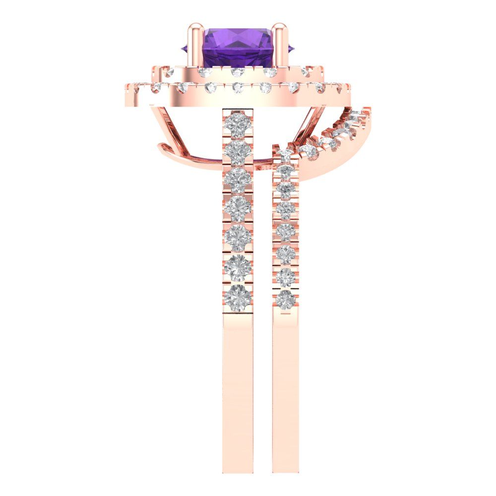 1.7825 cttw Round Cut Natural Amethyst Bridal Set - Solid Rose Gold Engagement Ring & Wedding Band