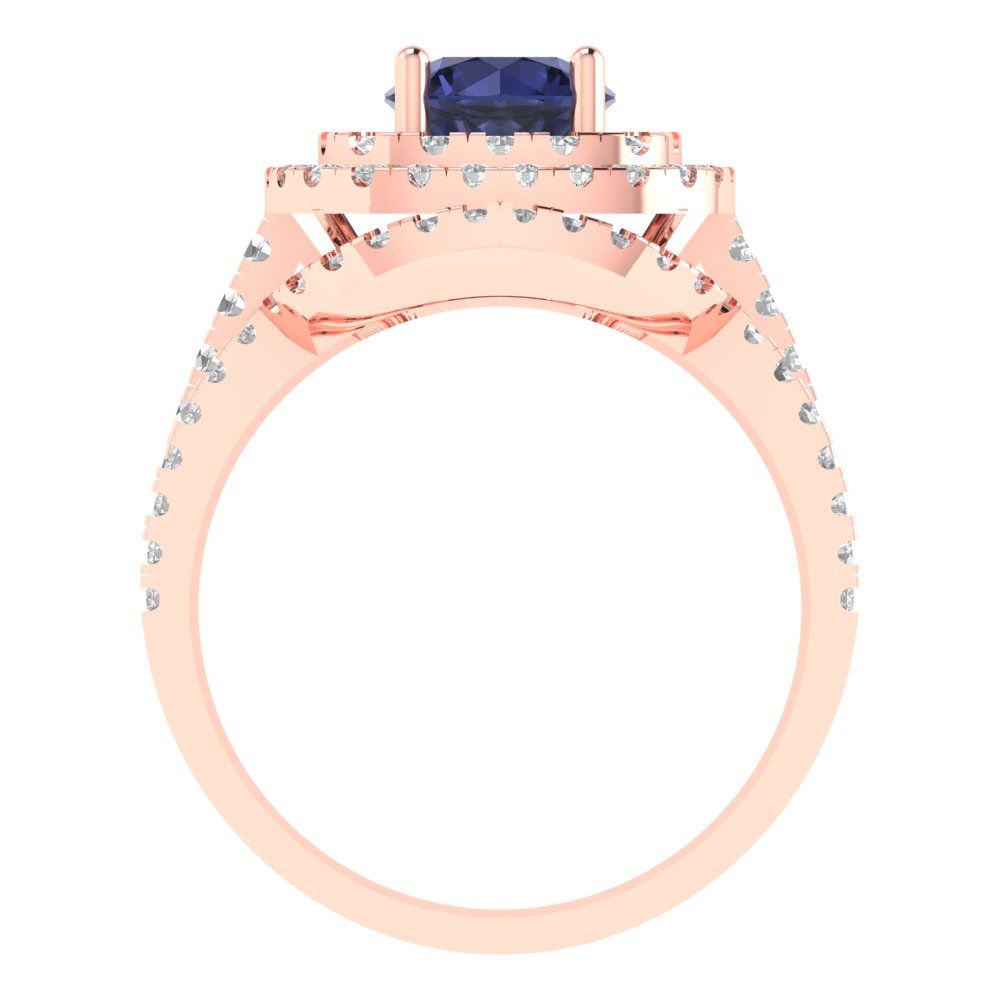 1.7825 cttw Round Cut Simulated Blue Sapphire Bridal Set - Solid Rose Gold Engagement Ring & Wedding Band