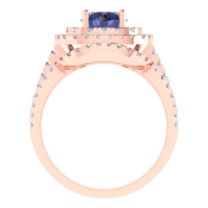 1.7825 cttw Round Cut Simulated Tanzanite Bridal Set - Solid Rose Gold Engagement Ring & Wedding Band