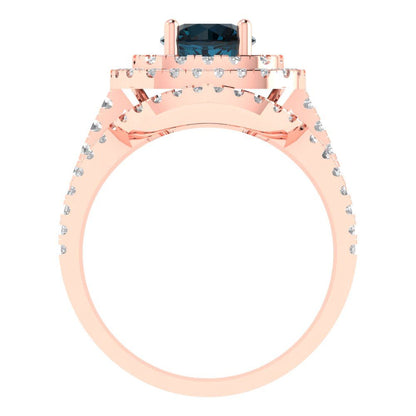 1.7825 cttw Round Cut Natural London Blue Topaz Bridal Set - Solid Rose Gold Engagement Ring & Wedding Band