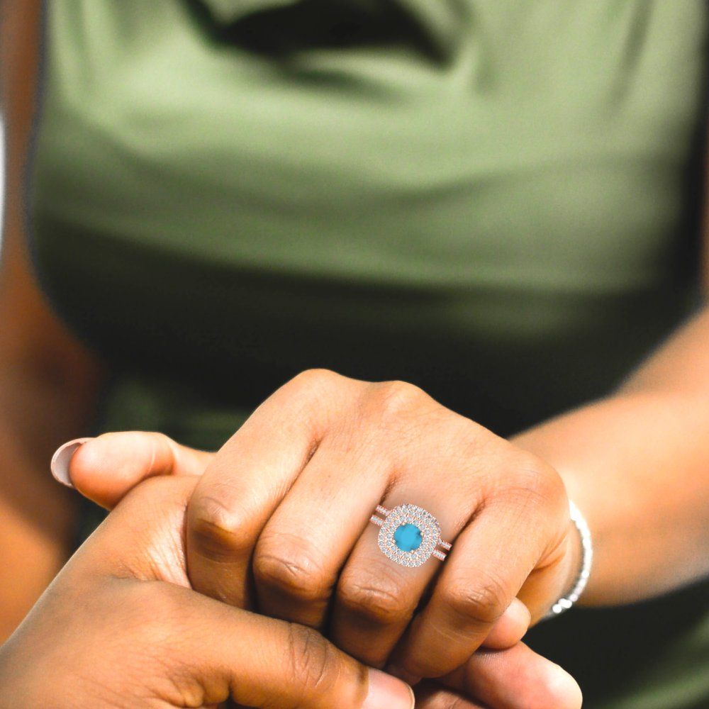 1.7825 cttw Round Cut Simulated Turquoise Bridal Set - Solid Rose Gold Engagement Ring & Wedding Band
