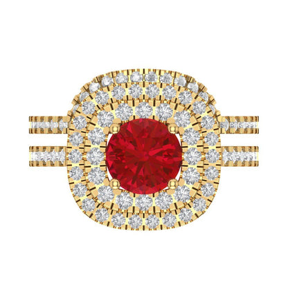 1.7825 cttw Round Cut Simulated Pink Tourmaline Bridal Set - Solid Yellow Gold Engagement Ring & Wedding Band