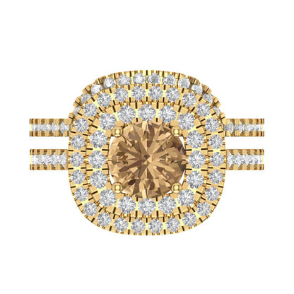 1.7825 cttw Round Cut Simulated Champagne Diamond Bridal Set - Solid Yellow Gold Engagement Ring & Wedding Band