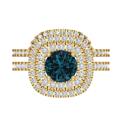 1.7825 cttw Round Cut Natural London Blue Topaz Bridal Set - Solid Yellow Gold Engagement Ring & Wedding Band