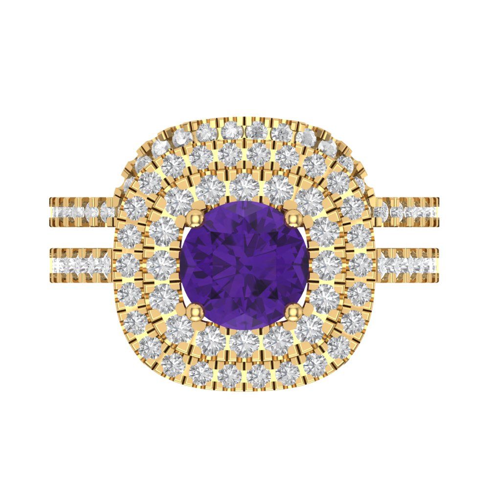 1.7825 cttw Round Cut Natural Amethyst Bridal Set - Solid Yellow Gold Engagement Ring & Wedding Band