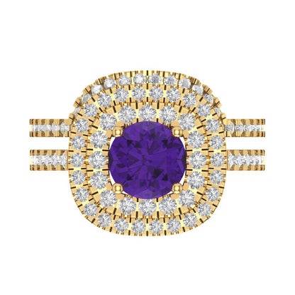 1.7825 cttw Round Cut Natural Amethyst Bridal Set - Solid Yellow Gold Engagement Ring & Wedding Band