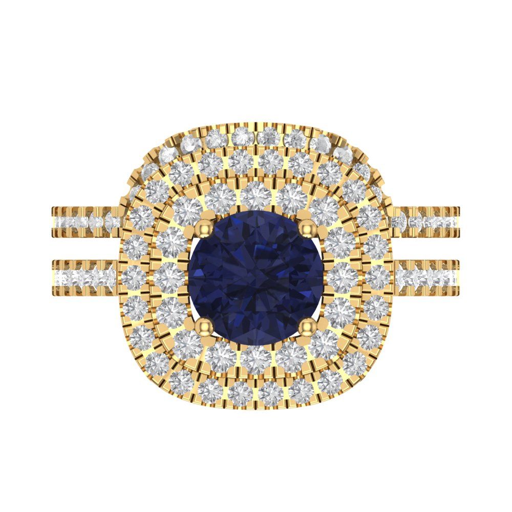 1.7825 cttw Round Cut Simulated Blue Sapphire Bridal Set - Solid Yellow Gold Engagement Ring & Wedding Band