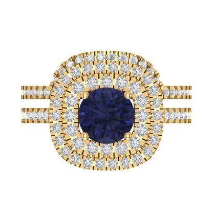 1.7825 cttw Round Cut Simulated Blue Sapphire Bridal Set - Solid Yellow Gold Engagement Ring & Wedding Band