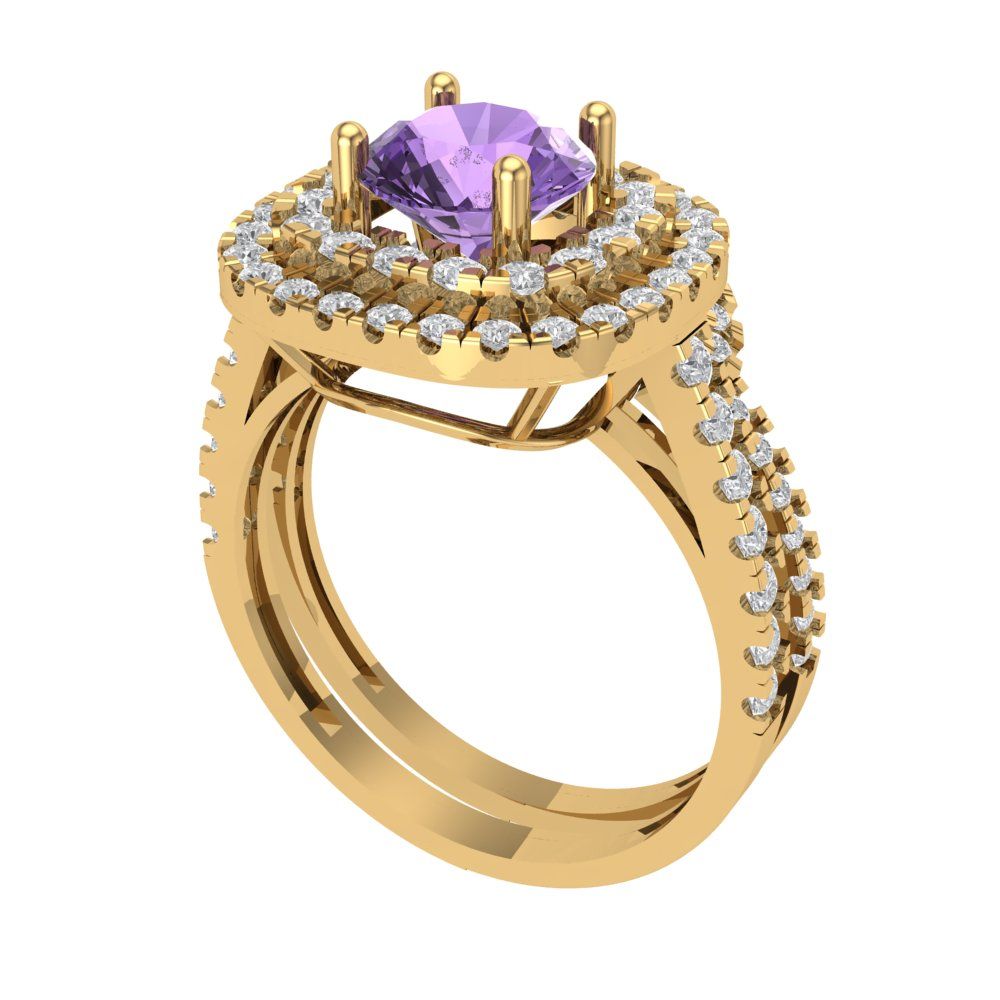 1.7825 cttw Round Cut Simulated Alexandrite Bridal Set - Solid Yellow Gold Engagement Ring & Wedding Band