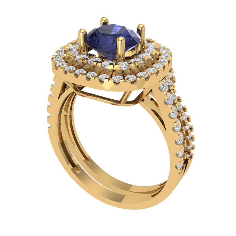1.7825 cttw Round Cut Simulated Blue Sapphire Bridal Set - Solid Yellow Gold Engagement Ring & Wedding Band