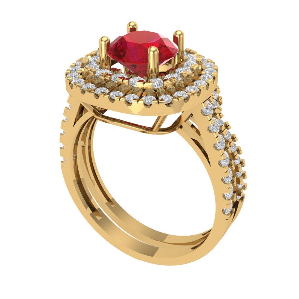 1.7825 cttw Round Cut Simulated Ruby Bridal Set - Solid Yellow Gold Engagement Ring & Wedding Band