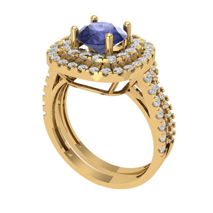 1.7825 cttw Round Cut Simulated Tanzanite Bridal Set - Solid Yellow Gold Engagement Ring & Wedding Band