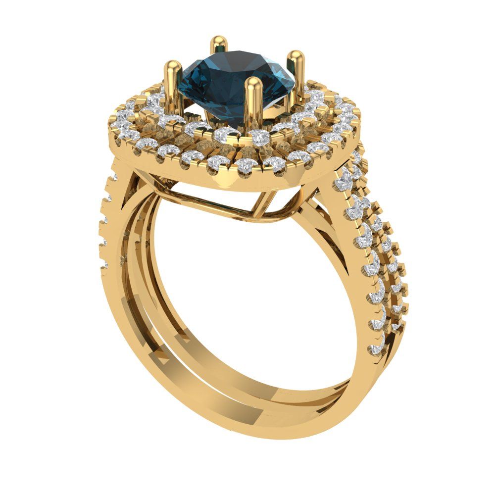 1.7825 cttw Round Cut Natural London Blue Topaz Bridal Set - Solid Yellow Gold Engagement Ring & Wedding Band