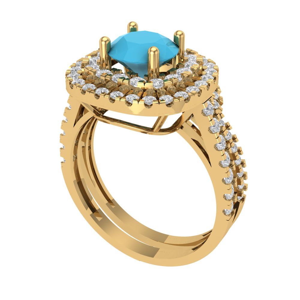1.7825 cttw Round Cut Simulated Turquoise Bridal Set - Solid Yellow Gold Engagement Ring & Wedding Band