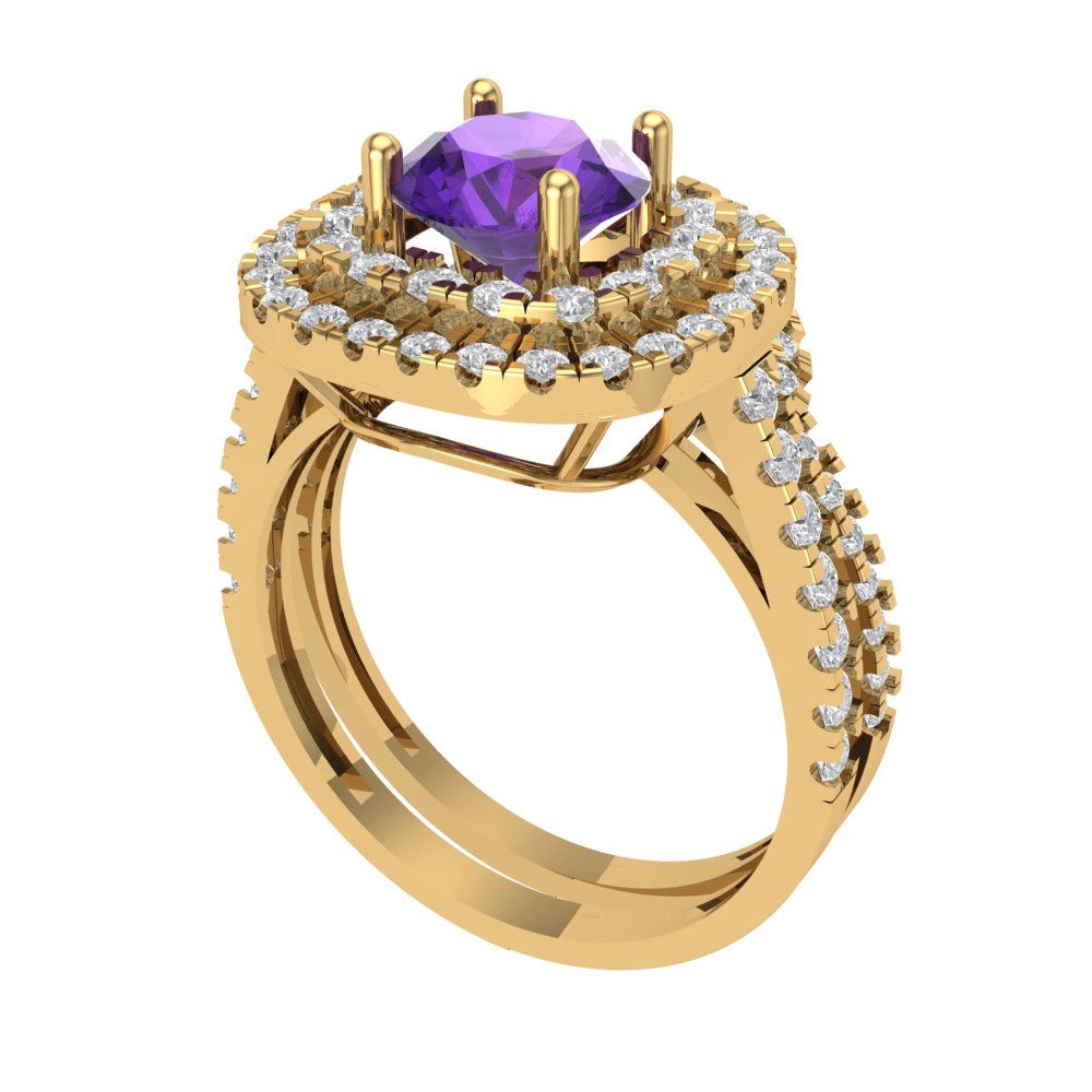 1.7825 cttw Round Cut Natural Amethyst Bridal Set - Solid Yellow Gold Engagement Ring & Wedding Band