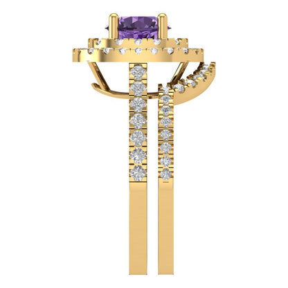1.7825 cttw Round Cut Simulated Alexandrite Bridal Set - Solid Yellow Gold Engagement Ring & Wedding Band