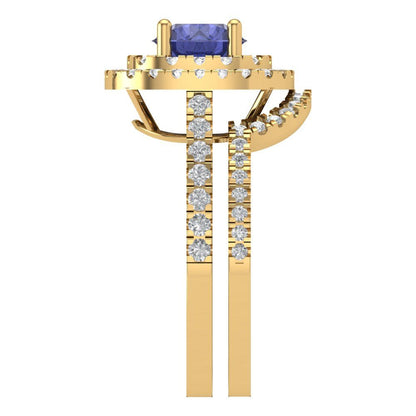 1.7825 cttw Round Cut Simulated Tanzanite Bridal Set - Solid Yellow Gold Engagement Ring & Wedding Band
