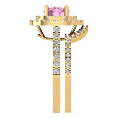 1.7825 cttw Round Cut Simulated Pink Diamond Bridal Set - Solid Yellow Gold Engagement Ring & Wedding Band