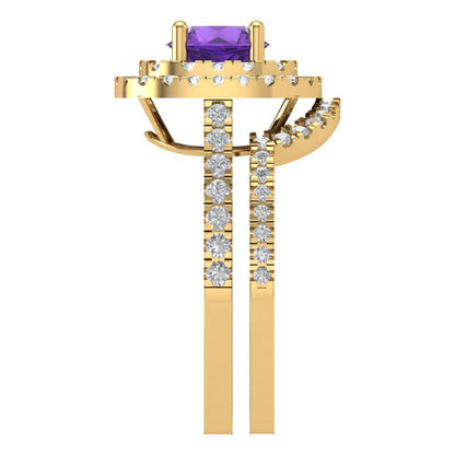 1.7825 cttw Round Cut Natural Amethyst Bridal Set - Solid Yellow Gold Engagement Ring & Wedding Band