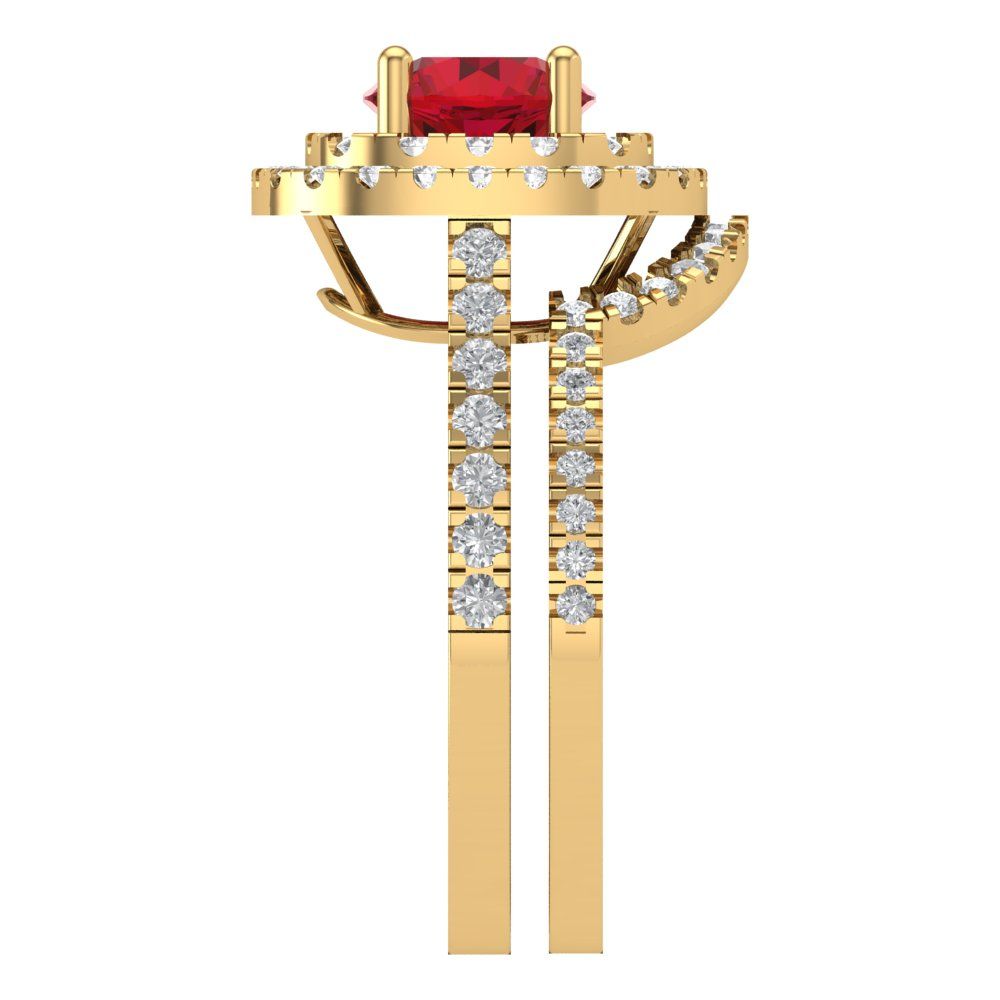 1.7825 cttw Round Cut Simulated Ruby Bridal Set - Solid Yellow Gold Engagement Ring & Wedding Band