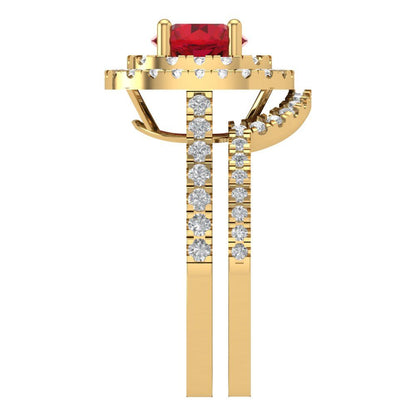 1.7825 cttw Round Cut Simulated Ruby Bridal Set - Solid Yellow Gold Engagement Ring & Wedding Band