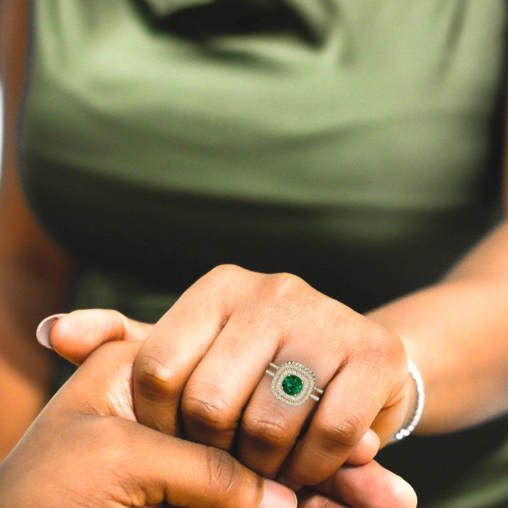 1.7825 cttw Round Cut Simulated Emerald Bridal Set - Solid Yellow Gold Engagement Ring & Wedding Band