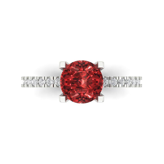 1.71 cttw Natural Garnet Solitaire with Zirconia Simulated Diamond Accents Engagement Ring - Solid White Gold (VVS1, Round Cut,7.5mm)