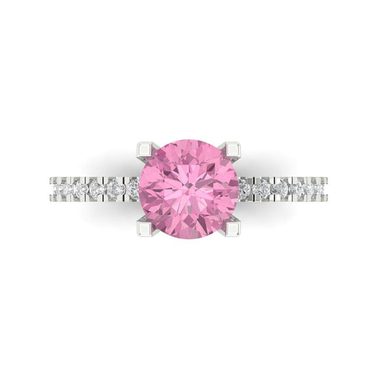 1.71 cttw Zirconia Simulated Pink Diamond Solitaire with Zirconia Simulated Diamond Accents Engagement Ring - Solid White Gold (VVS1, Round Cut,7.5mm)