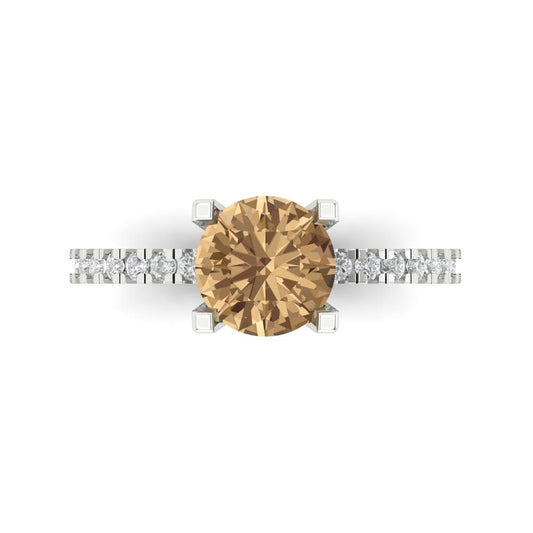 1.71 cttw Zirconia Simulated Champagne Diamond Solitaire with Zirconia Simulated Diamond Accents Engagement Ring - Solid White Gold (VVS1, Round Cut,7.5mm)