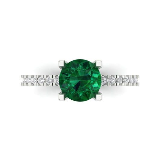 1.71 cttw Simulated Emerald Solitaire with Zirconia Simulated Diamond Accents Engagement Ring - Solid White Gold (VVS1, Round Cut,7.5mm)