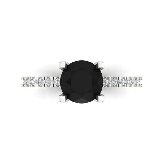 1.71 cttw Natural Onyx Solitaire with Zirconia Simulated Diamond Accents Engagement Ring - Solid White Gold (VVS1, Round Cut,7.5mm)