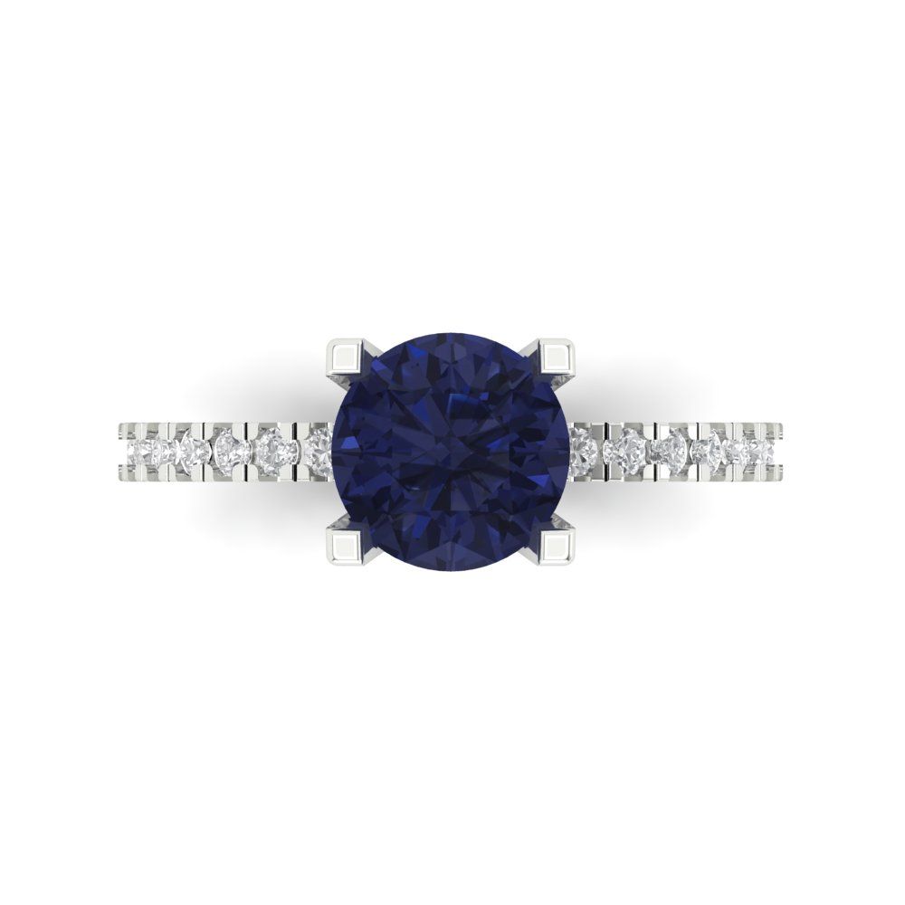 1.71 cttw Simulated Blue Sapphire Solitaire with Zirconia Simulated Diamond Accents Engagement Ring - Solid Gold (Round Cut,7.5mm)
