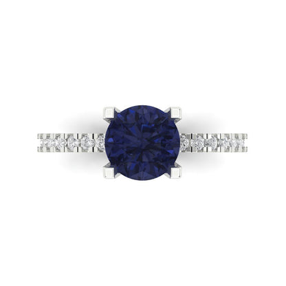 1.71 cttw Simulated Blue Sapphire Solitaire with Zirconia Simulated Diamond Accents Engagement Ring - Solid Gold (Round Cut,7.5mm)