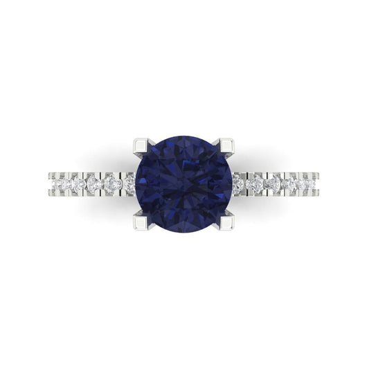 1.71 cttw Simulated Blue Sapphire Solitaire with Zirconia Simulated Diamond Accents Engagement Ring - Solid White Gold (VVS1, Round Cut,7.5mm)