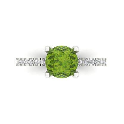 1.71 cttw Natural Peridot Solitaire with Zirconia Simulated Diamond Accents Engagement Ring - Solid Gold (Round Cut,7.5mm)