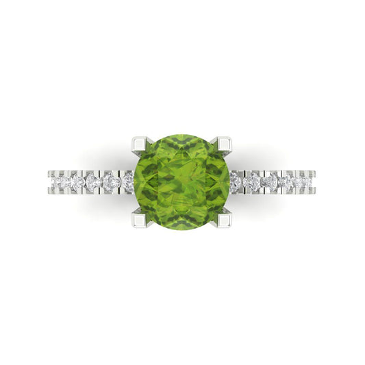 1.71 cttw Natural Peridot Solitaire with Zirconia Simulated Diamond Accents Engagement Ring - Solid White Gold (VVS1, Round Cut,7.5mm)