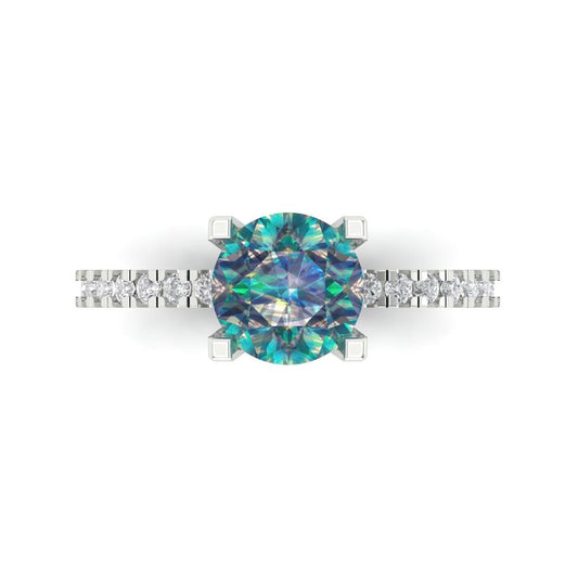 1.71 cttw Blue Moissanite Solitaire with Zirconia Simulated Diamond Accents Engagement Ring - Solid White Gold (VVS1, Round Cut,7.5mm)