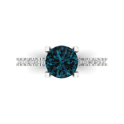 1.71 cttw Natural London Blue Topaz Solitaire with Zirconia Simulated Diamond Accents Engagement Ring - Solid White Gold (VVS1, Round Cut,7.5mm)