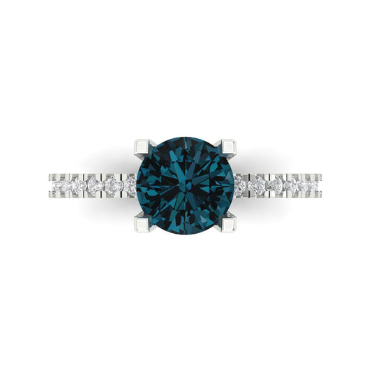 1.71 cttw Natural London Blue Topaz Solitaire with Zirconia Simulated Diamond Accents Engagement Ring - Solid White Gold (VVS1, Round Cut,7.5mm)