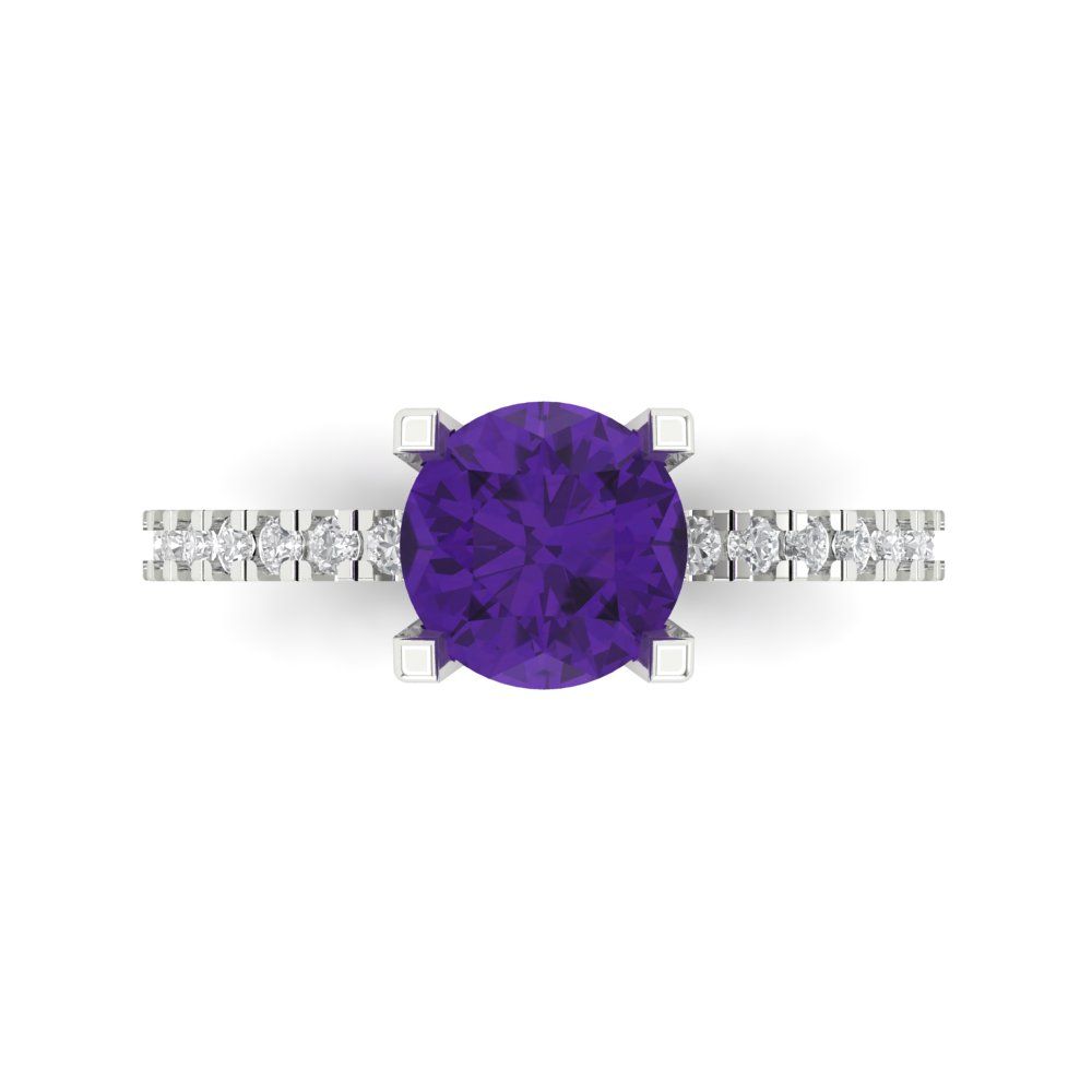 1.71 cttw Natural Amethyst Solitaire with Zirconia Simulated Diamond Accents Engagement Ring - Solid Gold (Round Cut,7.5mm)