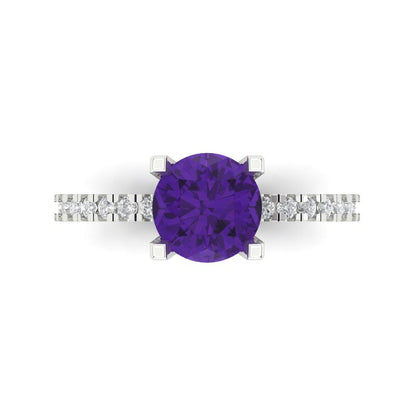 1.71 cttw Natural Amethyst Solitaire with Zirconia Simulated Diamond Accents Engagement Ring - Solid Gold (Round Cut,7.5mm)
