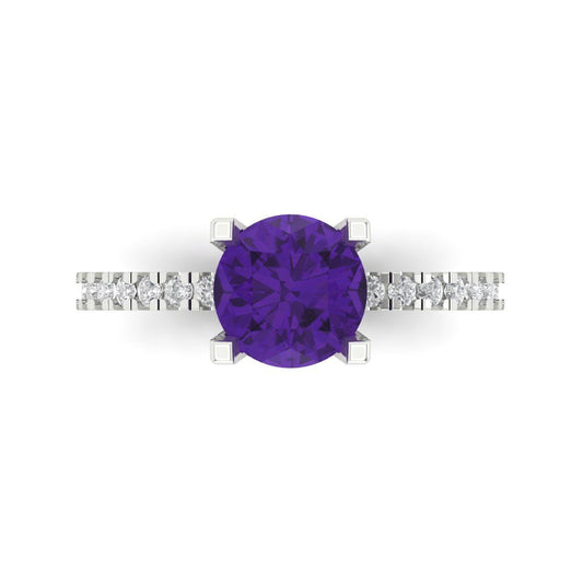 1.71 cttw Natural Amethyst Solitaire with Zirconia Simulated Diamond Accents Engagement Ring - Solid White Gold (VVS1, Round Cut,7.5mm)