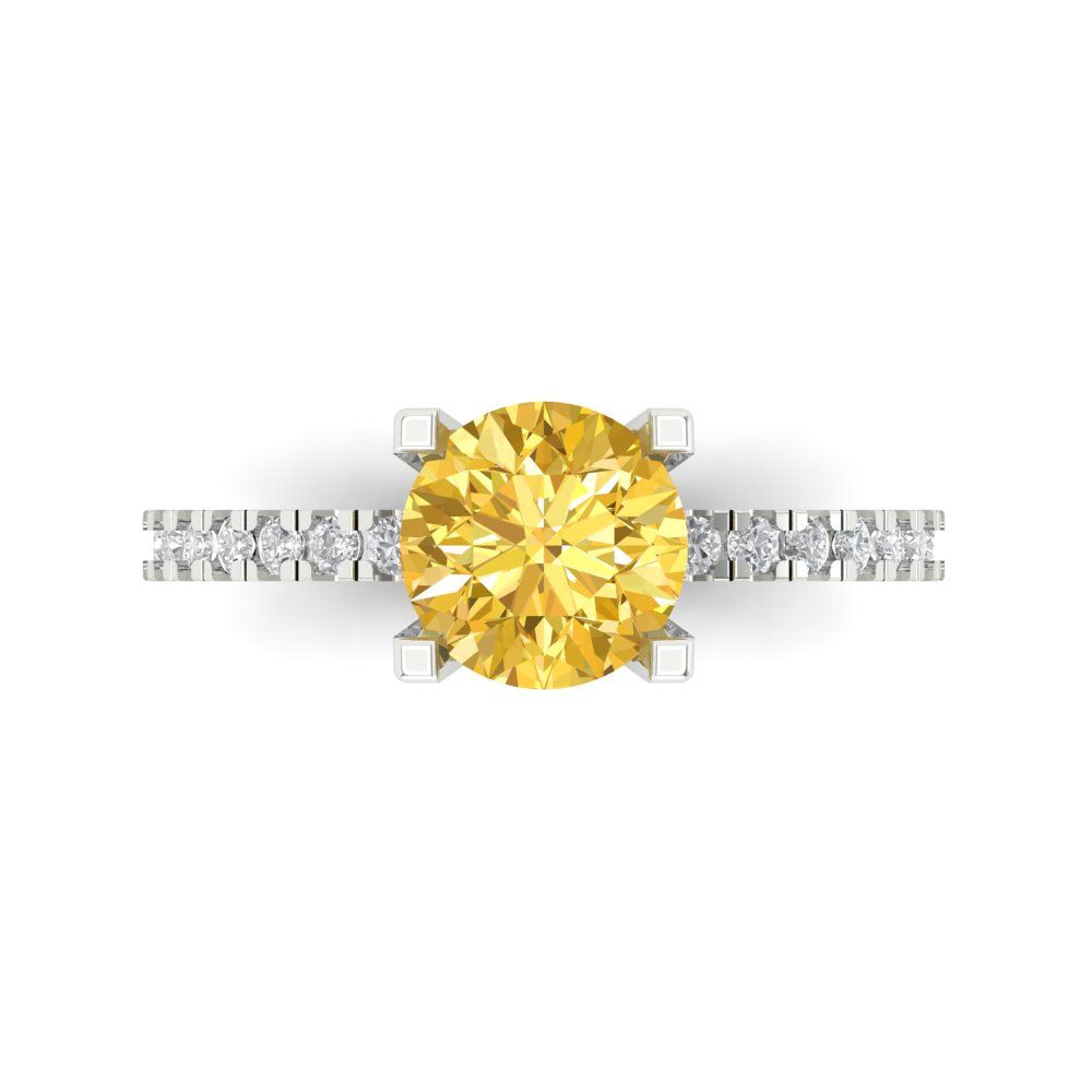 1.71 cttw Zirconia Simulated Yellow Diamond Solitaire with Zirconia Simulated Diamond Accents Engagement Ring - Solid White Gold (VVS1, Round Cut,7.5mm)