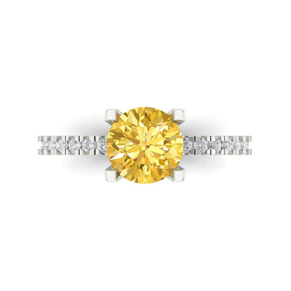 1.71 cttw Zirconia Simulated Yellow Diamond Solitaire with Zirconia Simulated Diamond Accents Engagement Ring - Solid White Gold (VVS1, Round Cut,7.5mm)
