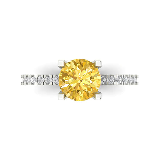1.71 cttw Zirconia Simulated Yellow Diamond Solitaire with Zirconia Simulated Diamond Accents Engagement Ring - Solid White Gold (VVS1, Round Cut,7.5mm)