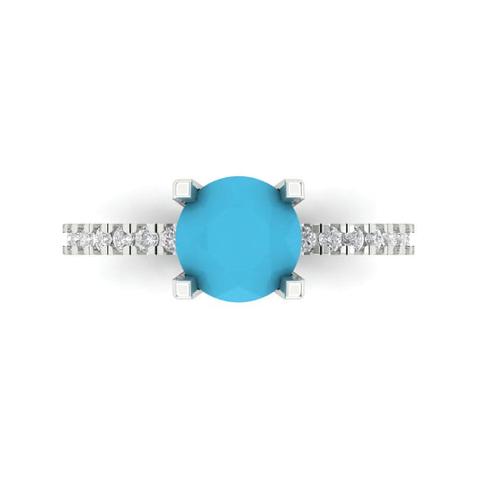 1.71 cttw Simulated Turquoise Solitaire with Zirconia Simulated Diamond Accents Engagement Ring - Solid White Gold (VVS1, Round Cut,7.5mm)