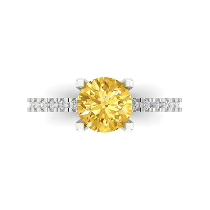 1.71 cttw Natural Citrine Solitaire with Zirconia Simulated Diamond Accents Engagement Ring - Solid White Gold (VVS1, Round Cut,7.5mm)